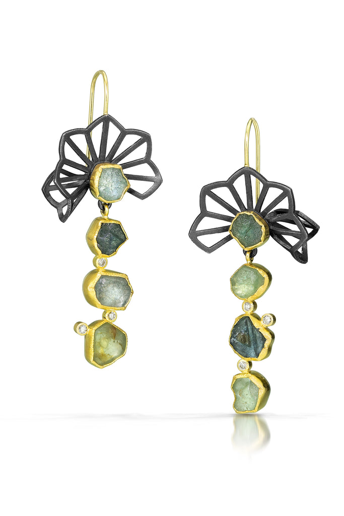 Karin Jacobson Jewelry origami earrings with montana sapphires and diamonds