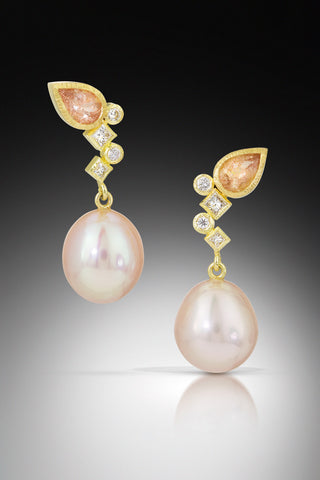 Pearl Confetti earrings with natural peach colored pearls, recycled diamonds and Oregon Sunstones