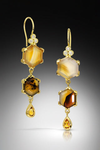 Stacked Hexagons Earrings in Fairmined 18k gold with Montana agate, fair trade Brazilian citrine and recycled diamonds, by Karin Jacobson