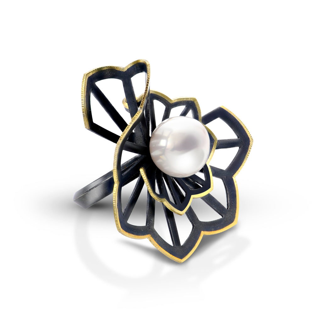 Hyacinth fold ring with freshwater pearl by Karin Jacobson jewelry design