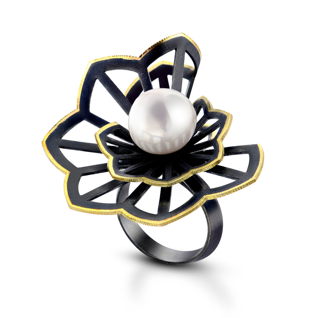 Hyacinth fold ring with freshwater pearl by Karin Jacobson jewelry design
