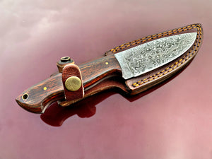 8.8 Long hand forged Twist pattern full tang Damascus steel Butcher Knife,  Ram horn scale with bolster, thick Cow hide leather sheath 