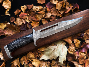 8.8 Long hand forged Twist pattern full tang Damascus steel Butcher Knife,  Ram horn scale with bolster, thick Cow hide leather sheath 