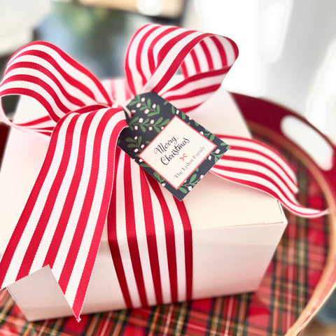 cookie box with bow and personalized gift tag