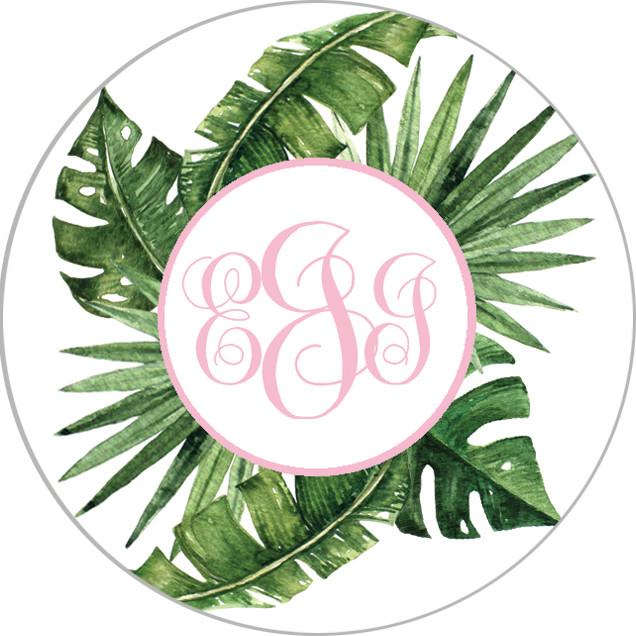 2 Round Palm Leaves Monogram Stickers  Set of 40 - WH Hostess Social  Stationery