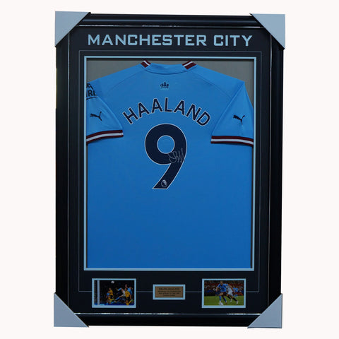 Framed Autographed/Signed Sergio Kun Aguero 33x42 Manchester City Blue  Soccer Futbol Jersey Beckett BAS COA