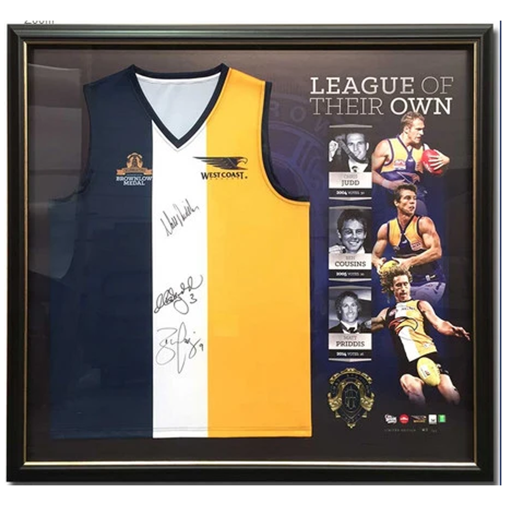 West Coast Eagles Signed Official Afl Brownlow Jumper Framed With Meda Ht Framing Memorabilia