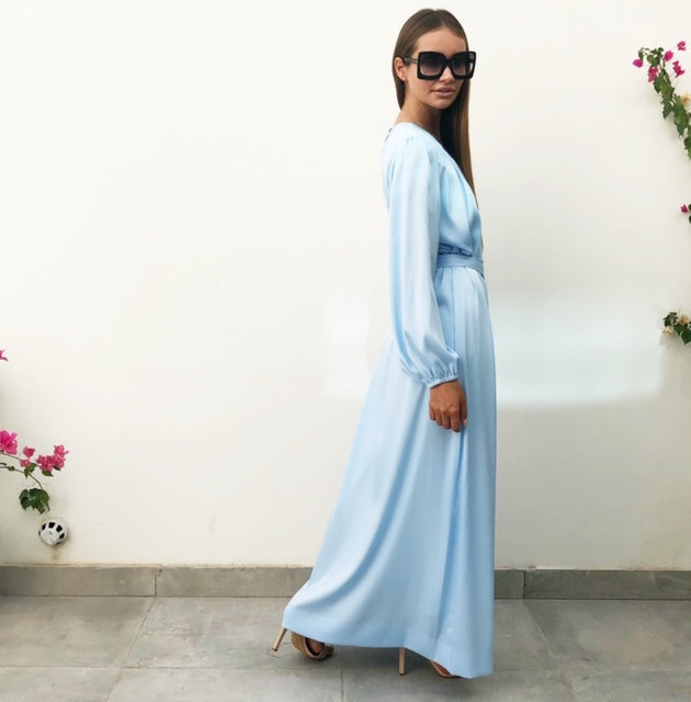 AW18 BABY BLUE SILK SATIN DRESS WITH GATHERED SLEEVES – Qabeela