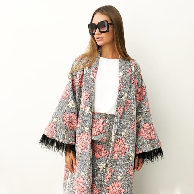 AW18 BROCADE ABAYA DUSTER WITH OSTRICH FEATHERS – Qabeela