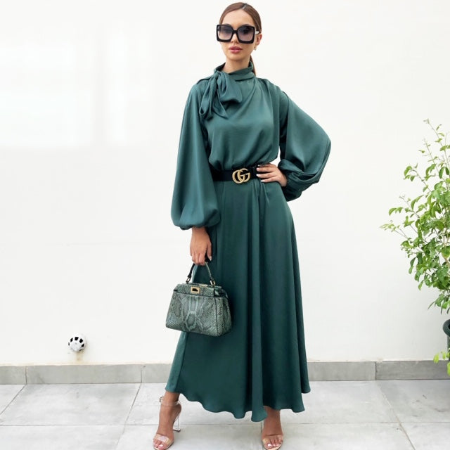 AW19 EMERALD GREEN BALLOON SLEEVE BELTED MAXI DRESS – Qabeela