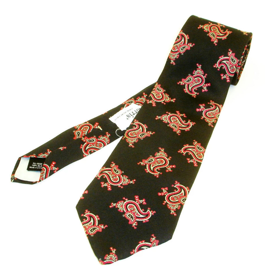 1970s Wide Silk Paisley Tie Mens Vintage Black Necktie with Silver & P ...