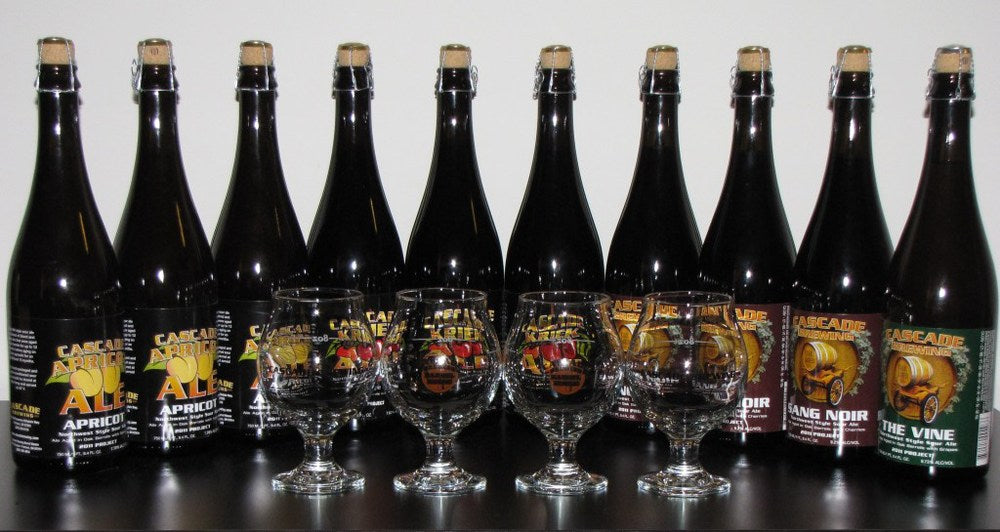 An array of Cascade Apricot Ale bottles ready for tasting