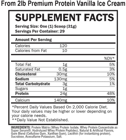 Premium Protein Vanilla Ice Cream Supplement Facts