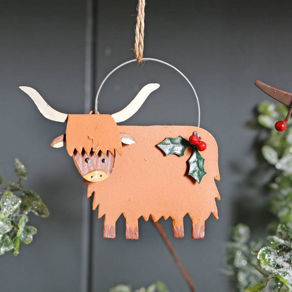 Christmas Highland Coo Cow With Holly Decoration