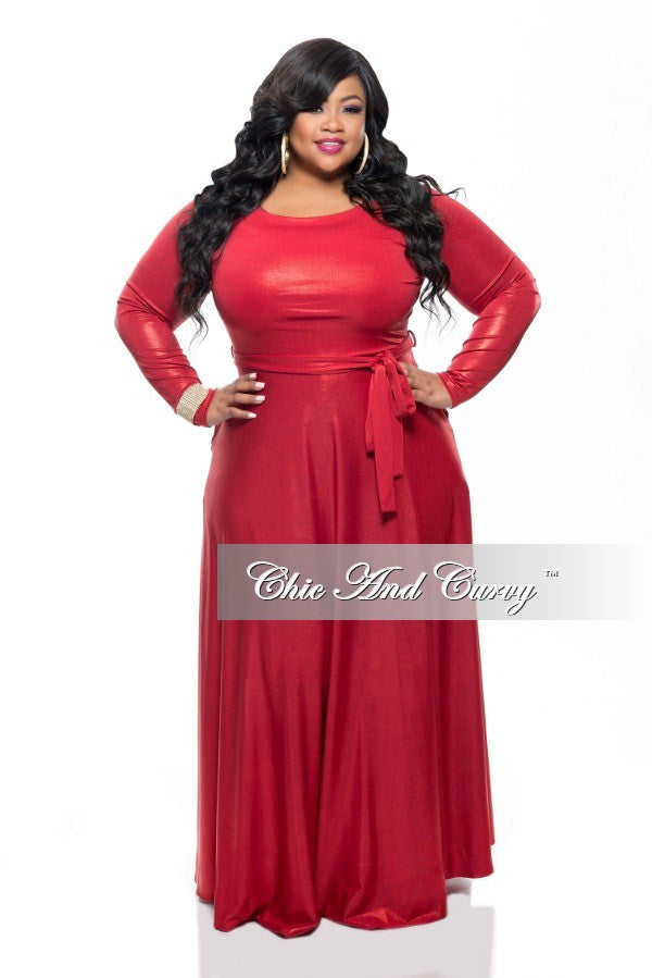 New Plus Size Long Sleeve Dress w/ Tie in Shiny Red – Chic And Curvy