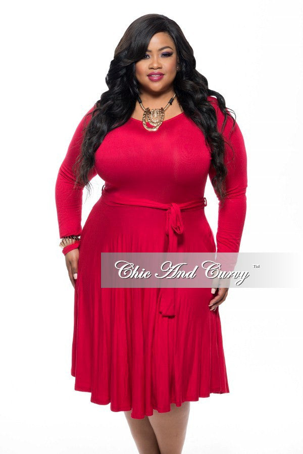 New Plus Size Fit and Flare Dress with Long Sleeves and Tie in Red ...