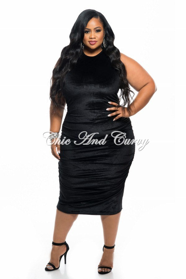 New Plus Size Faux Velvet BodyCon with Ruched Sides in Black – Chic And ...