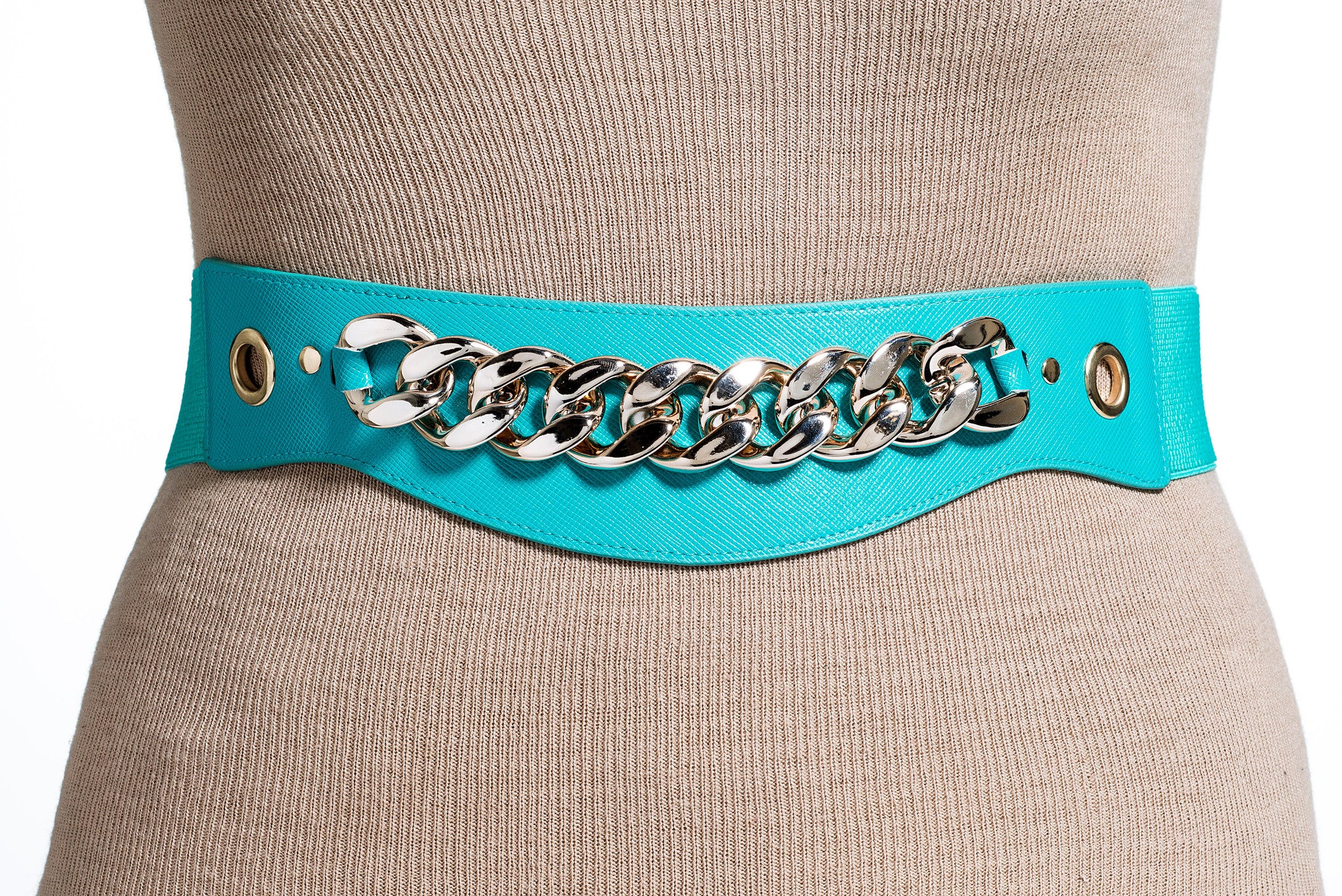 Final Sale Plus Size Elastic Band Belt with Gold Link Chain / Turquois – Chic And Curvy