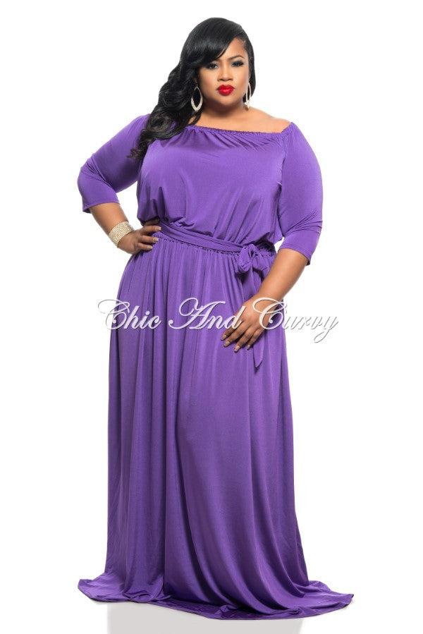 New Plus Size Long Off the Shoulder Peasant Dress with Tie in Purple ...