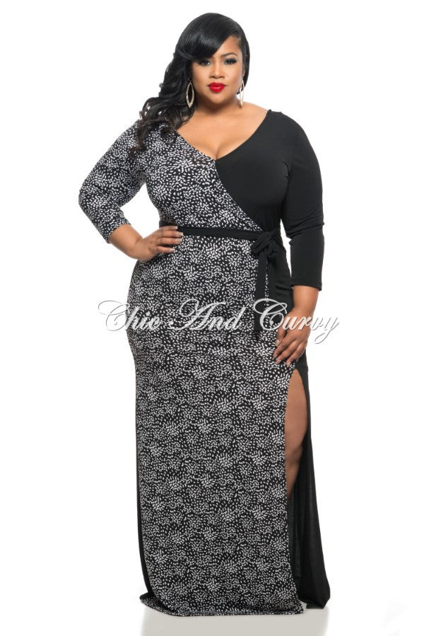 New Plus Size Long Maxi Dress with Slits and Belt Half Black Half Polk ...