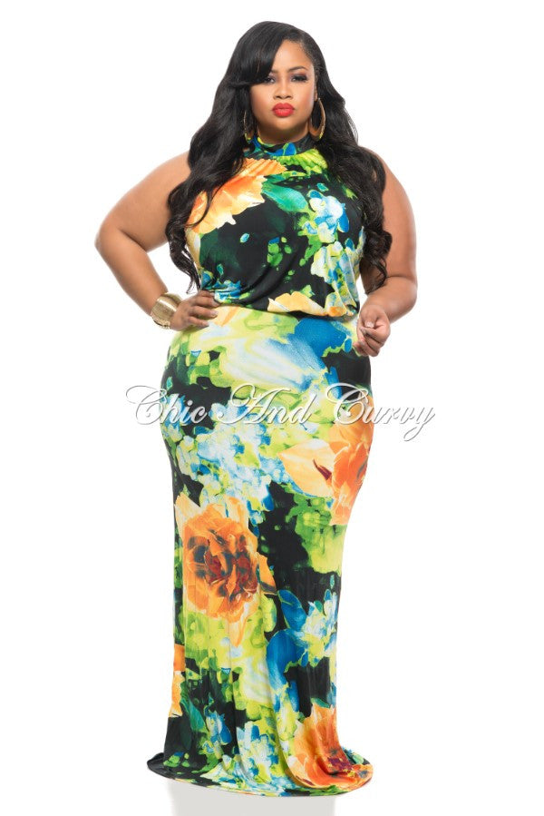 New Plus Size Floor Length Halter Maxi Dress in Green, Yellow, and Bla ...