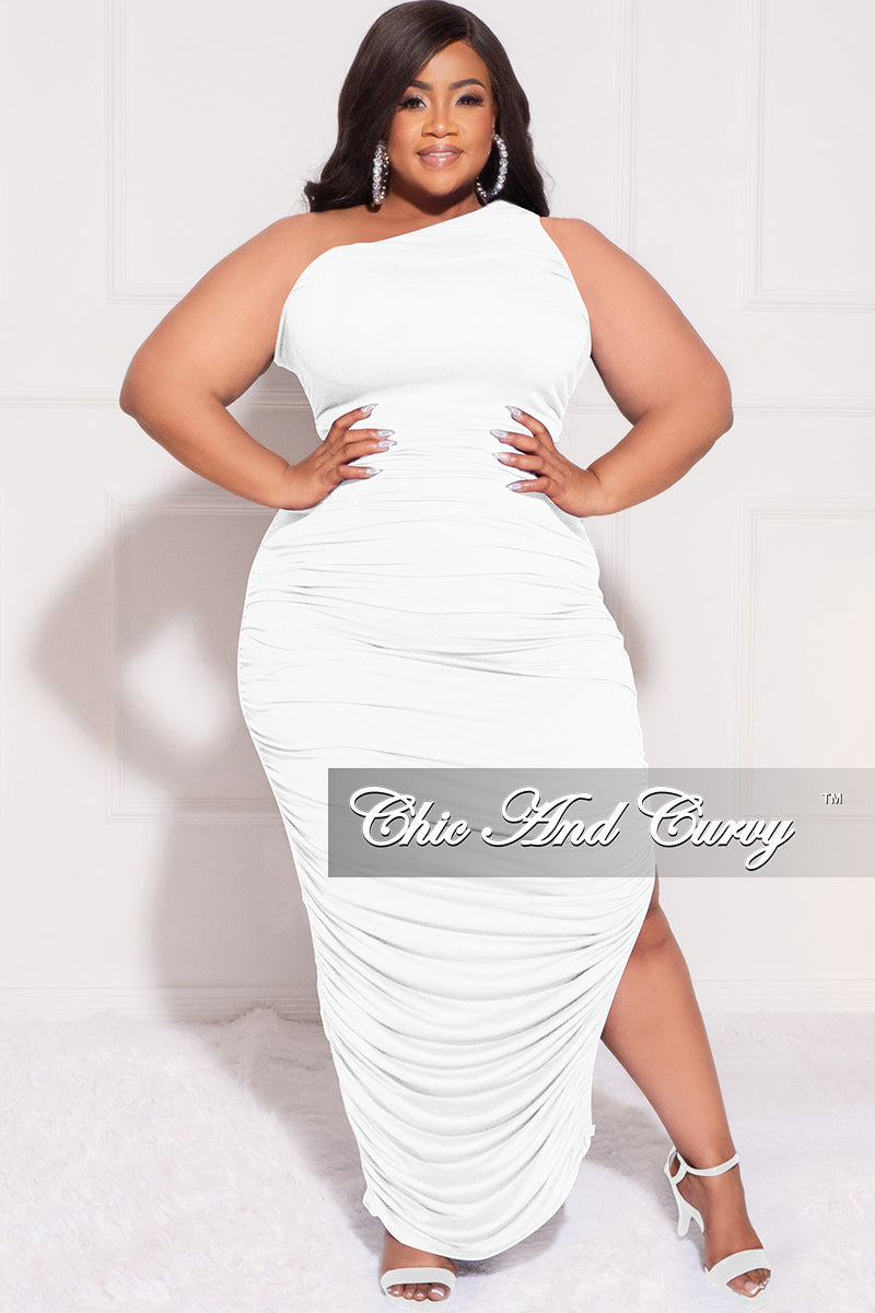 Final Sale Plus Size One Shoulder Ruched Bodycon Dress in White – Chic Curvy
