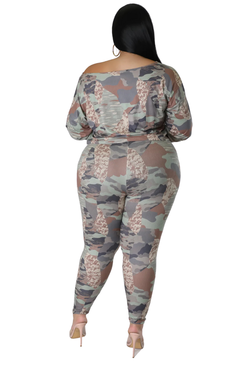 Final Sale Plus Size Ribbed 2pc Long Sleeve Crop Top and Pants Set in Camouflage Print