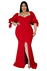 Final Sale Plus Size Puffy Sleeve Gown with Front Slit in Red