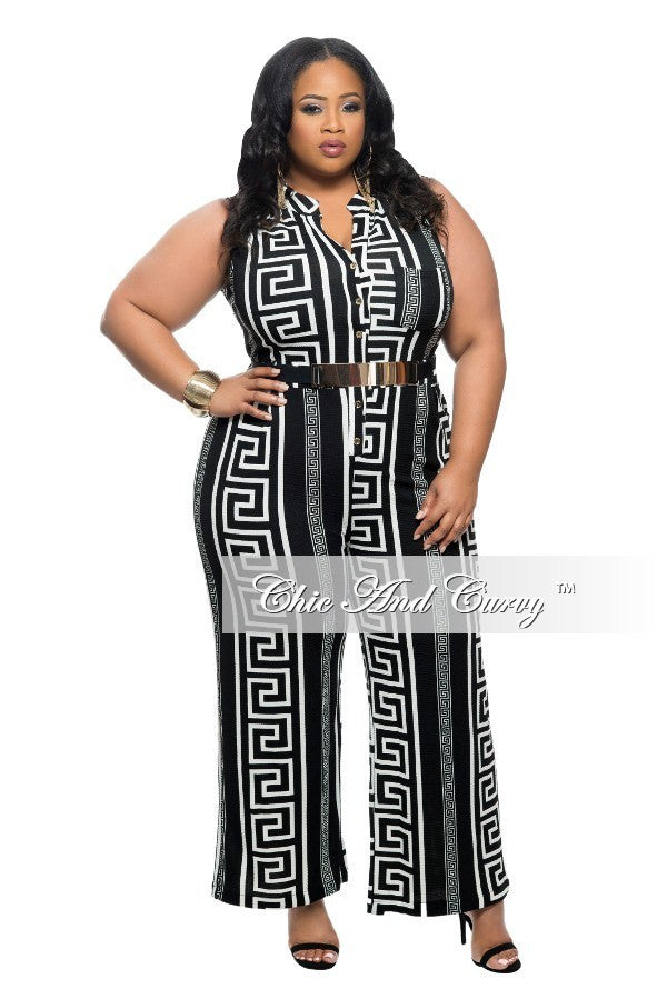 New Plus Size Cropped Jumpsuit with Button Front in Black and White Pr ...