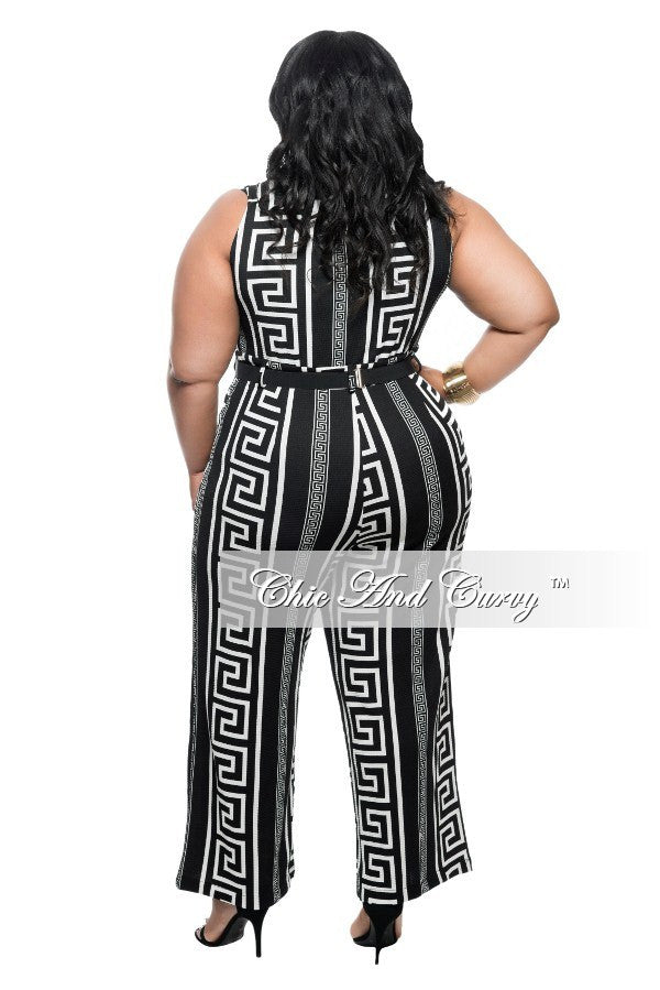New Plus Size Cropped Jumpsuit with Button Front in Black and White Pr ...