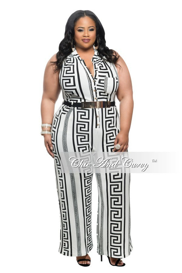 Final Sale Plus Size Cropped Jumpsuit with Button Front in White Print ...
