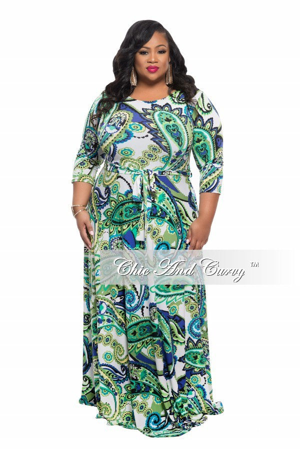 New Plus Size Long Dress with 3/4 Sleeve and Tie in Olive Green Paisle ...