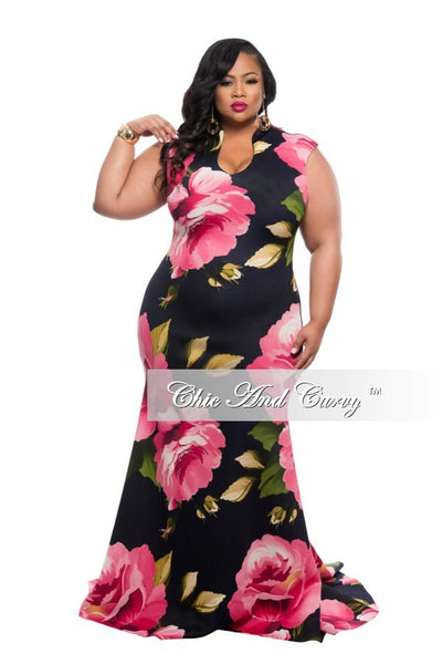 New Plus Size Floor Length Sleeveless Dress with Large Floral Print ...