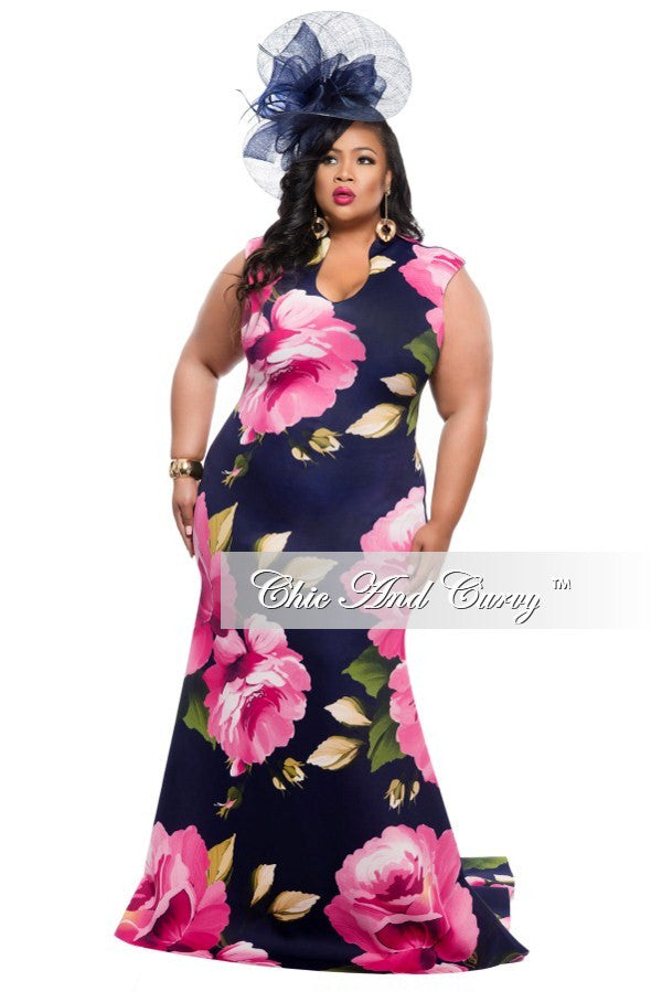 New Plus Size Floor Length Sleeveless Dress with Large Floral Print ...