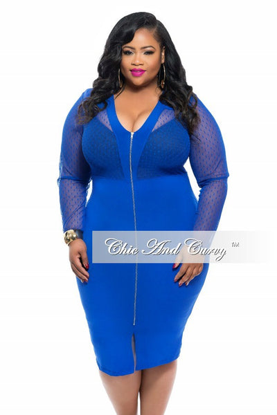 New Plus Size BodyCon Dress with Sheer Top and Zipper Front in Royal B ...