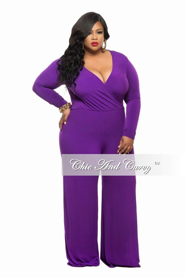New Plus Size Jumpsuit with Faux Wrap Top in Purple – Chic And Curvy