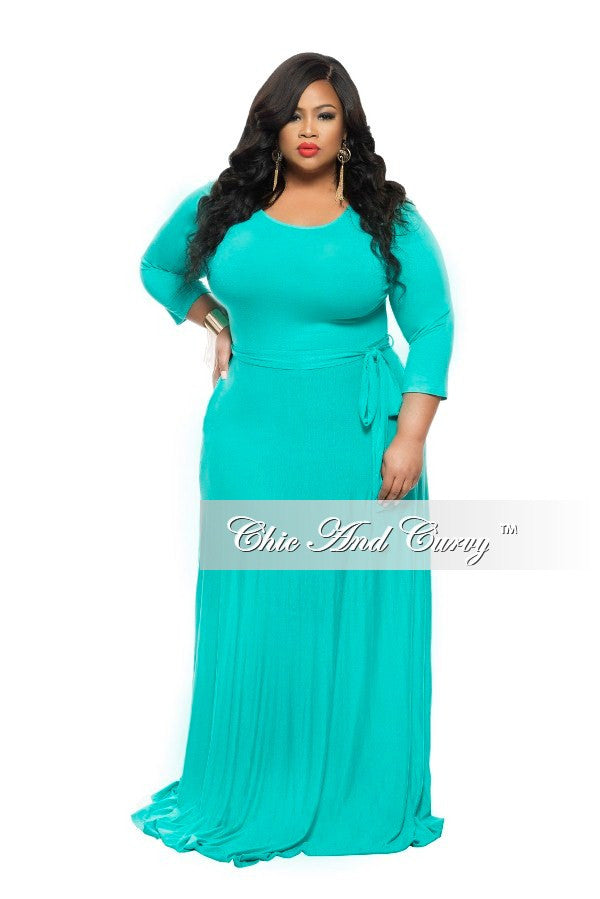New Plus Size Long Dress with 3/4 Sleeve and Tie in Light Jade Green ...