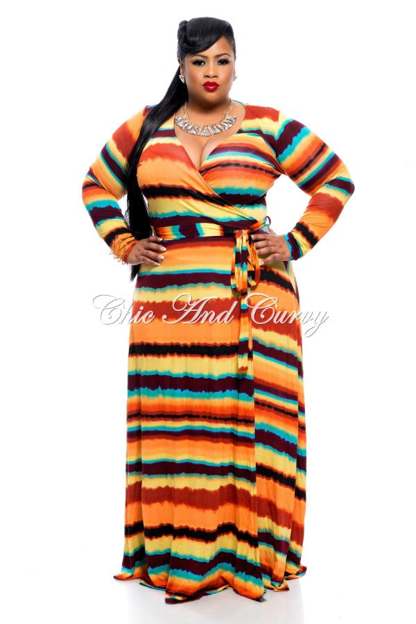 New Plus Size Long Wrap Dress with Tie in Orange Stripe Print – Chic ...