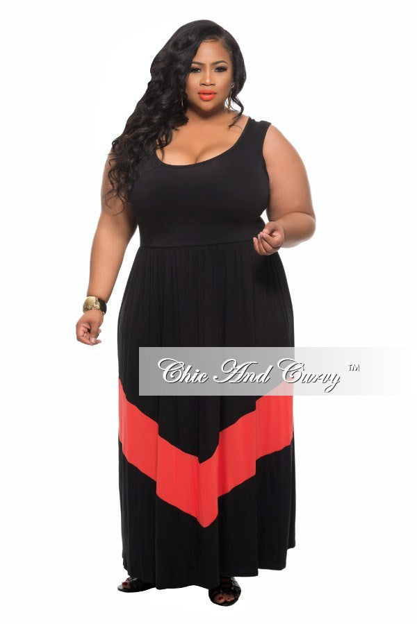 Final Sale New Plus Size Maxi Dress in Color block Black and Coral ...