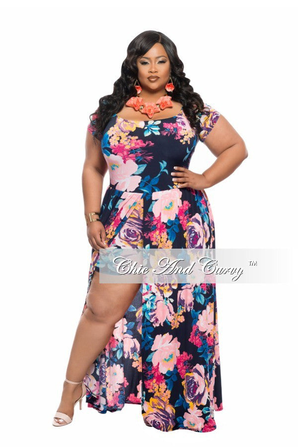 New Plus Size Romper with Attached Long Skirt in Blue Floral Print ...