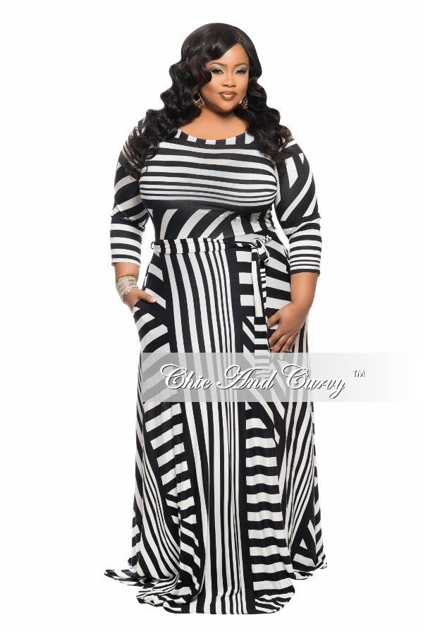 New Plus Size Long Dress with 3/4 Sleeve and Tie in Black and Off Whit ...