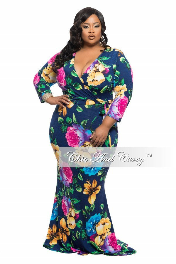 New Plus Size Long Dress with Faux Wrap Top and Tie in Blue and Green ...
