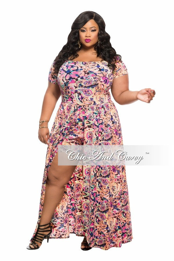 New Plus Size Romper with Attached Long Skirt in Floral Pink Print ...