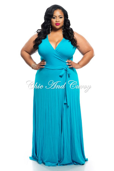 New Plus Size Long Sleeveless Wrap Dress w/ Tie in Turquoise – Chic And ...