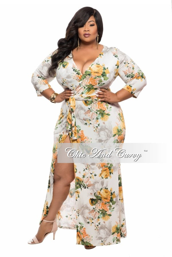 Final Sale Plus Size Wrap Dress in Cream, Gold and Brown Floral Print ...