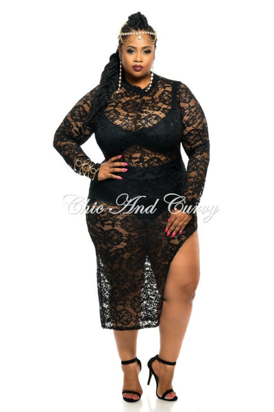 Final Sale Plus Size BodyCon All Lace CoverUp with Thigh Cutout Design ...