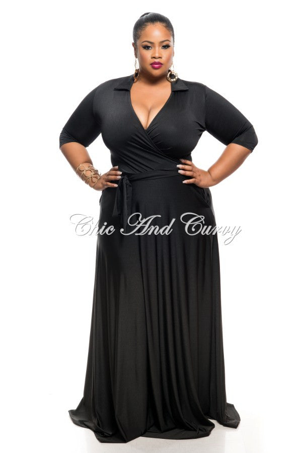 New Plus Size Long Wrap Dress with Pockets, Tie, and Collar in Black ...
