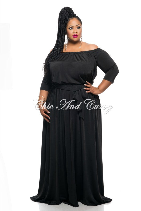 New Plus Size Long Off the Shoulder Peasant Dress with Tie in Black ...