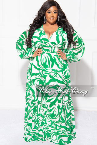 Final Sale Plus Size Faux Wrap Chiffon Maxi Dress in Green and White Floral Print