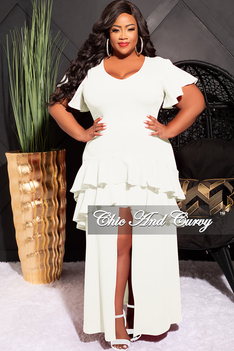 Final Sale Plus Size Ruffle Dress Front High Slit in Ivor – Curvy